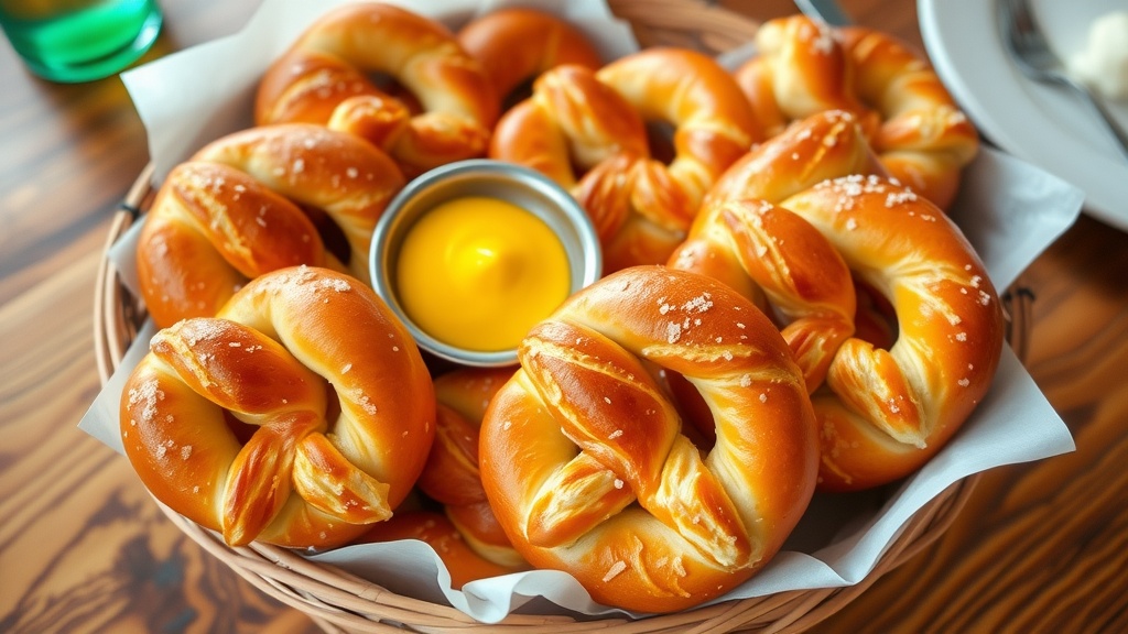 Soft and Chewy Pretzel Recipe A basket of soft pretzels with mustard on a wooden table.